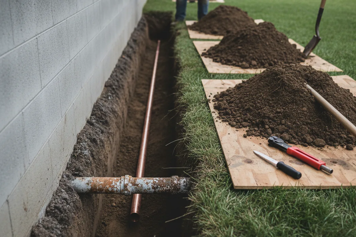 Excavated water line trench during Sewer Line Repair in Hustontown